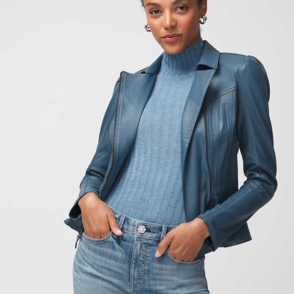 WHBM Coated Denim Peplum Jacket Blue True Indigo Jean Leather-look